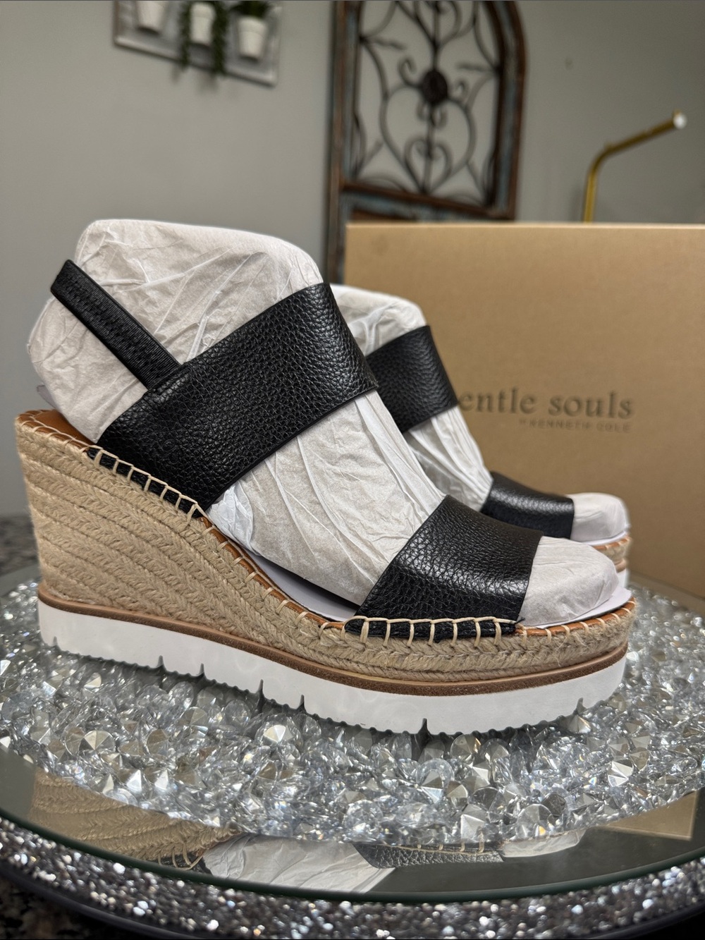 gentle souls Black Leather Espadrille Wedge Sandals with White Sole NEW 9